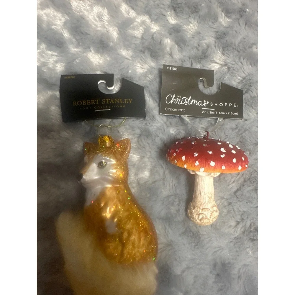 Robert Stanley Glitter Fox and The Christmas Shoppe Mushroom Ornament Set NEW